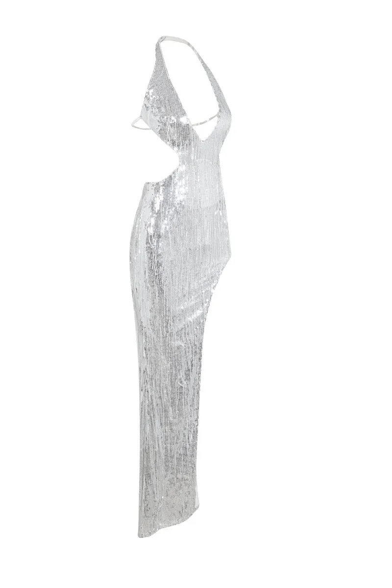 Embellished Sequin Maxi dress- Silver