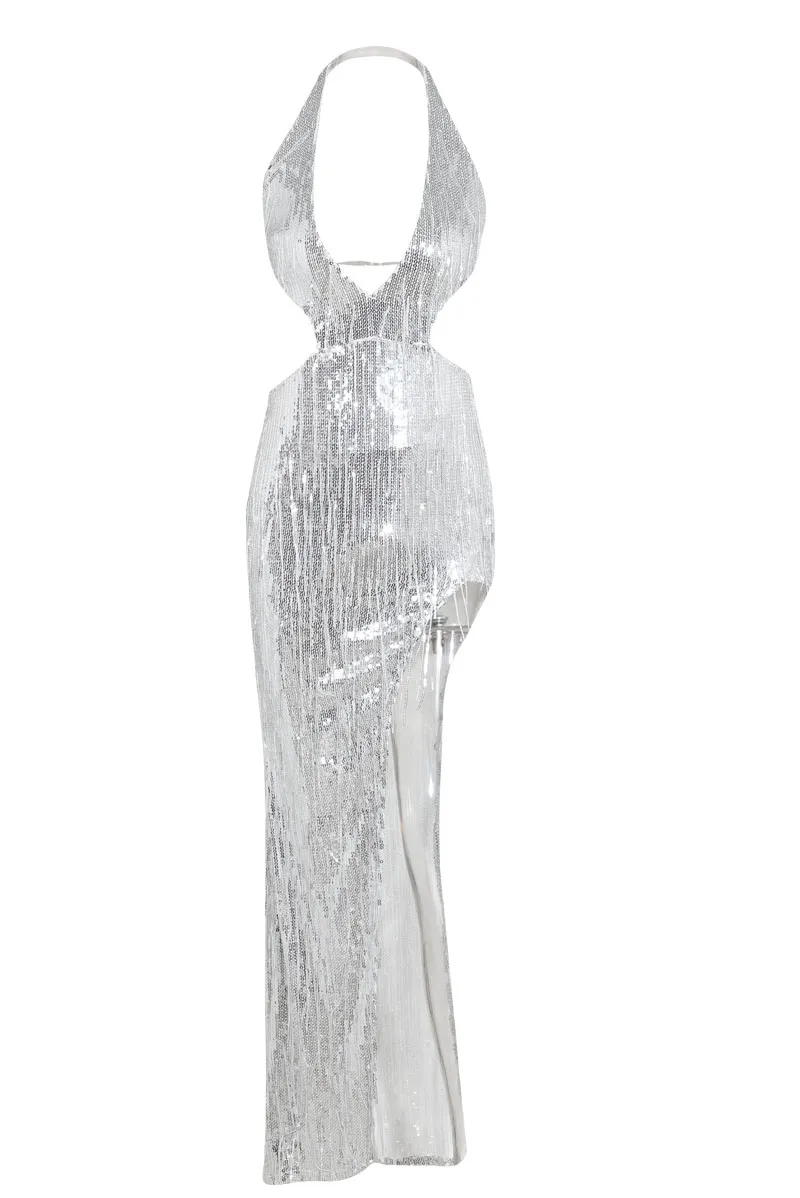 Embellished Sequin Maxi dress- Silver