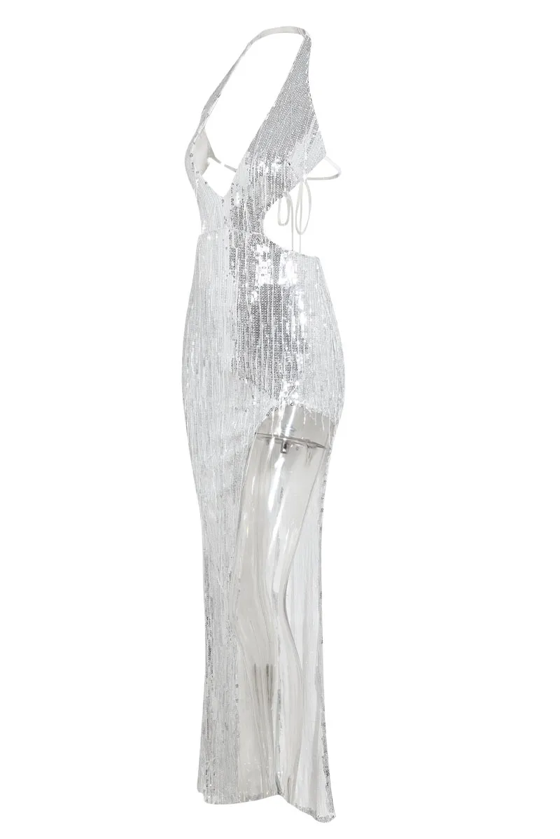 Embellished Sequin Maxi dress- Silver