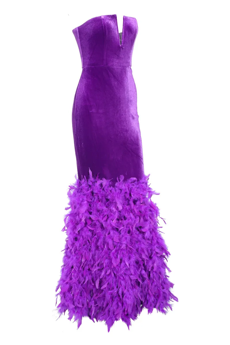 Feathered Velvet Maxi Dress