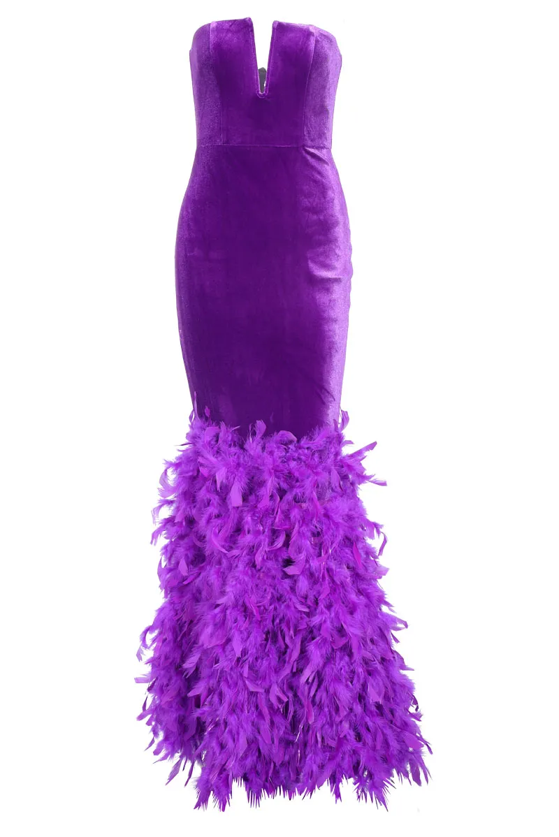 Feathered Velvet Maxi Dress