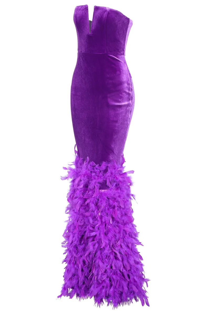 Feathered Velvet Maxi Dress