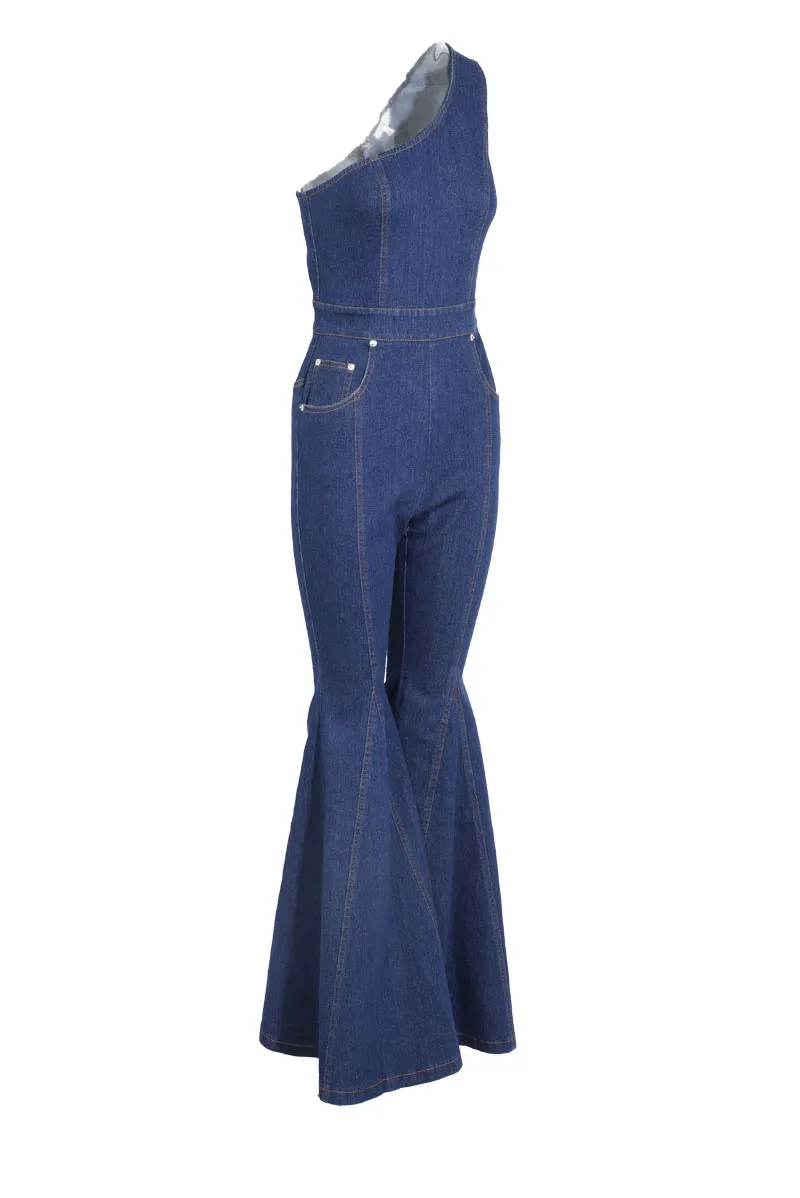 Follow My Lead Denim  Flare Jumpsuit -MediumWash
