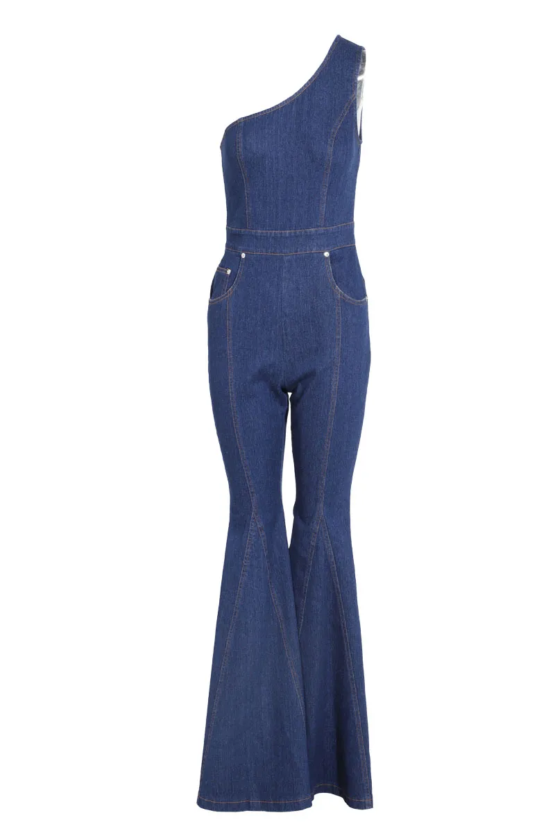 Follow My Lead Denim  Flare Jumpsuit -MediumWash