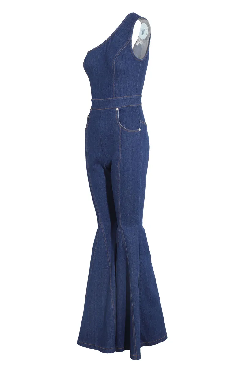 Follow My Lead Denim  Flare Jumpsuit -MediumWash