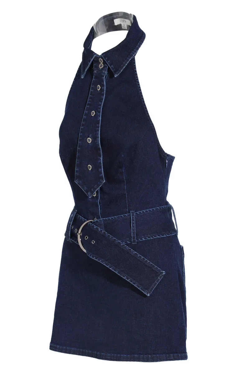 Kira Washed Denim Skort Romper - Dark Wash