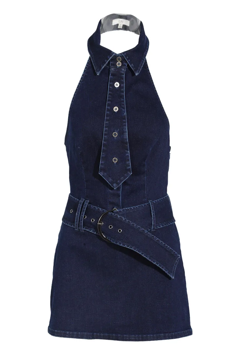 Kira Washed Denim Skort Romper - Dark Wash