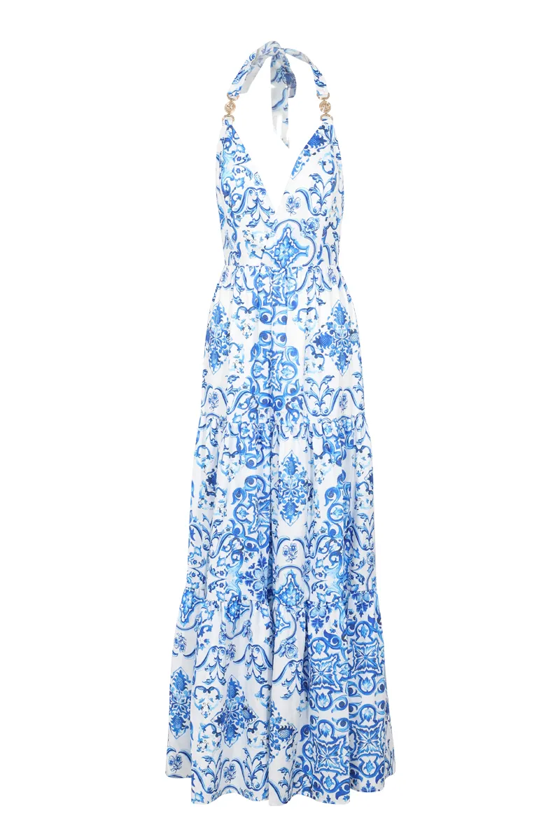 Isabella Backless Maxi Dress - Blue/combo