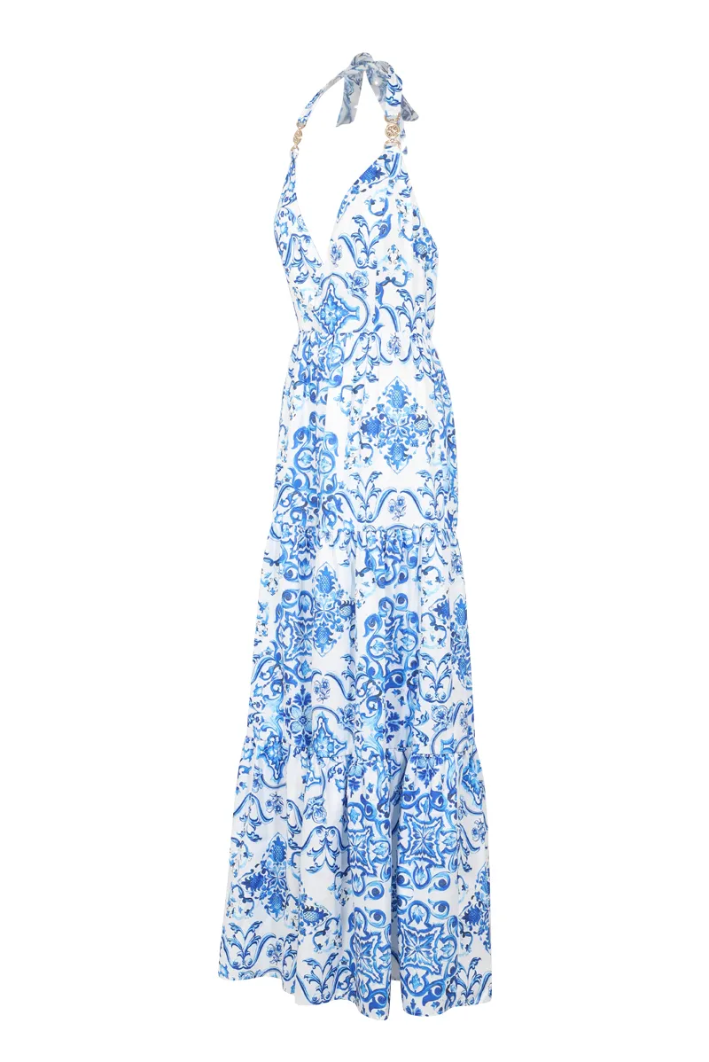 Isabella Backless Maxi Dress - Blue/combo