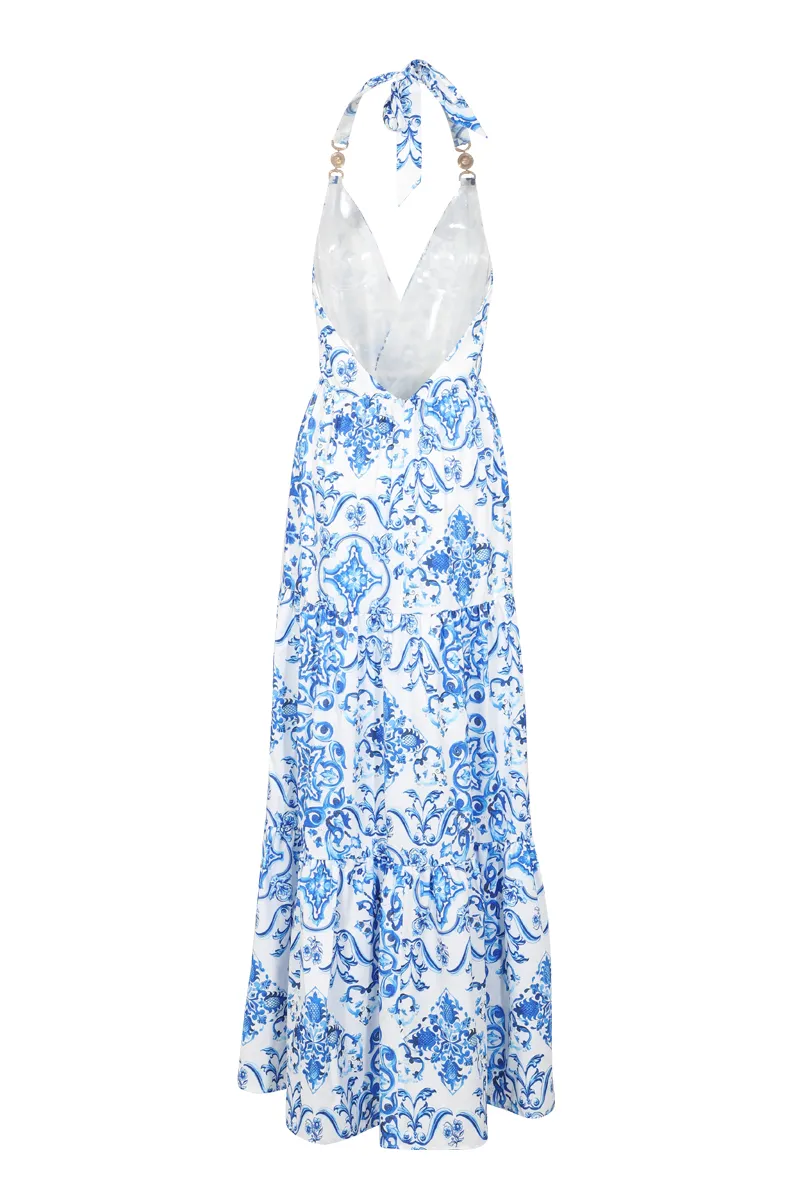 Isabella Backless Maxi Dress - Blue/combo