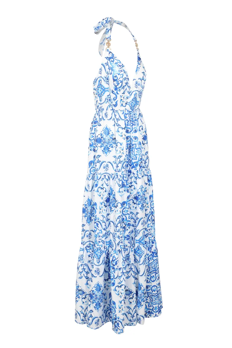 Isabella Backless Maxi Dress - Blue/combo