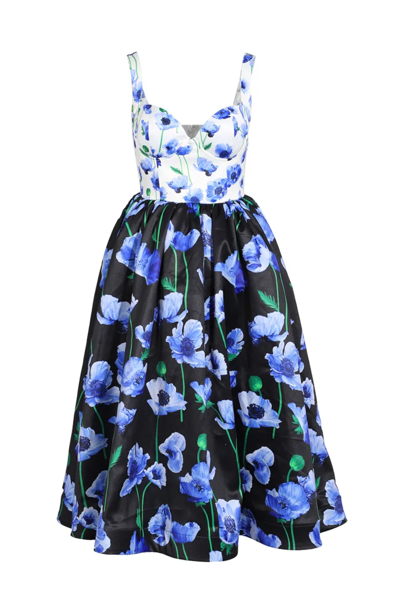 Danya Satin Floral Midi Dress - Blue/combo