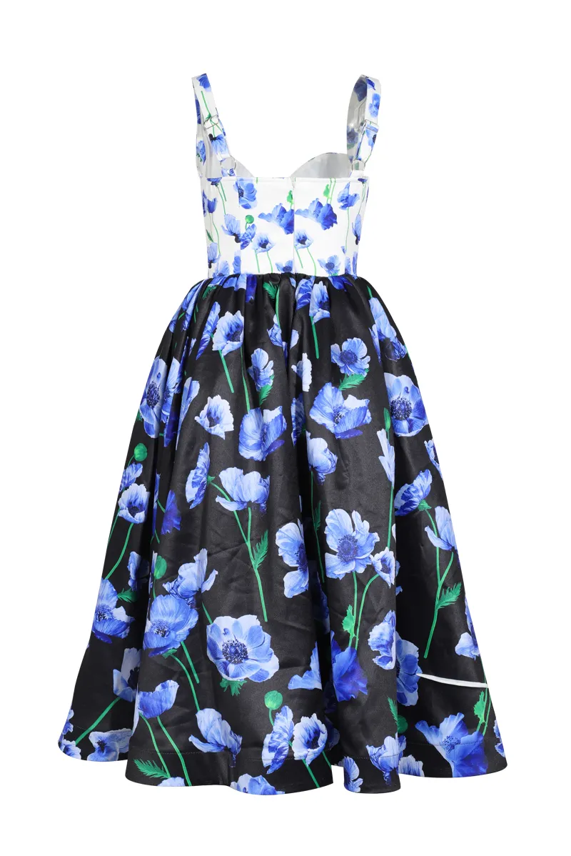 Danya Satin Floral Midi Dress - Blue/combo