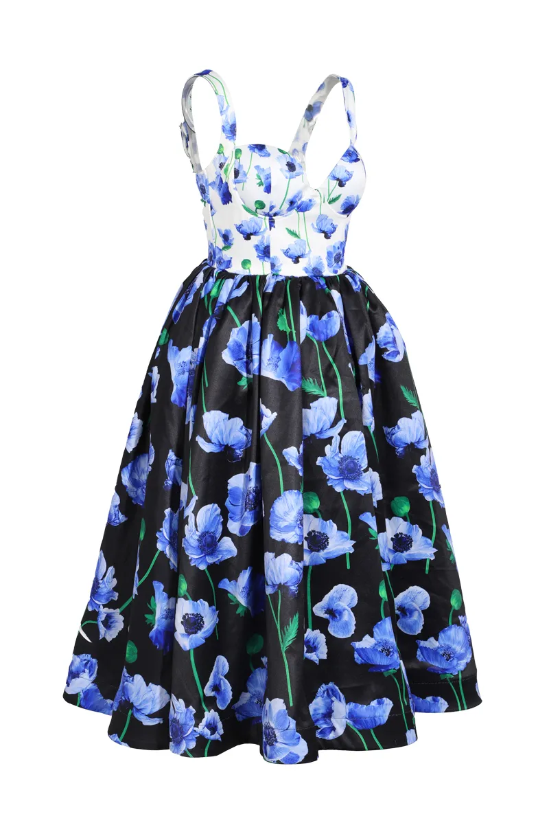 Danya Satin Floral Midi Dress - Blue/combo