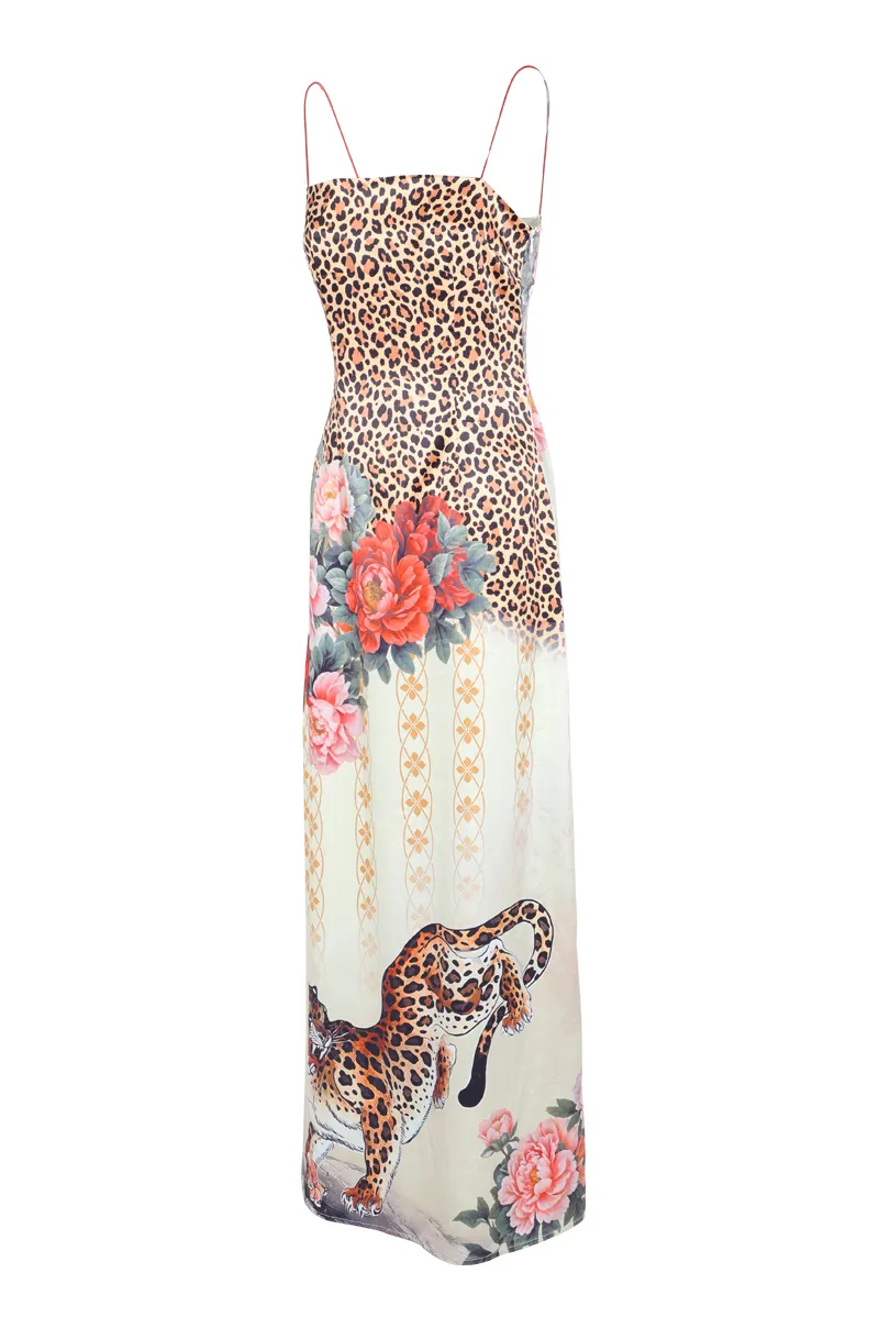 Animal Satin Maxi Dress - Multi Color