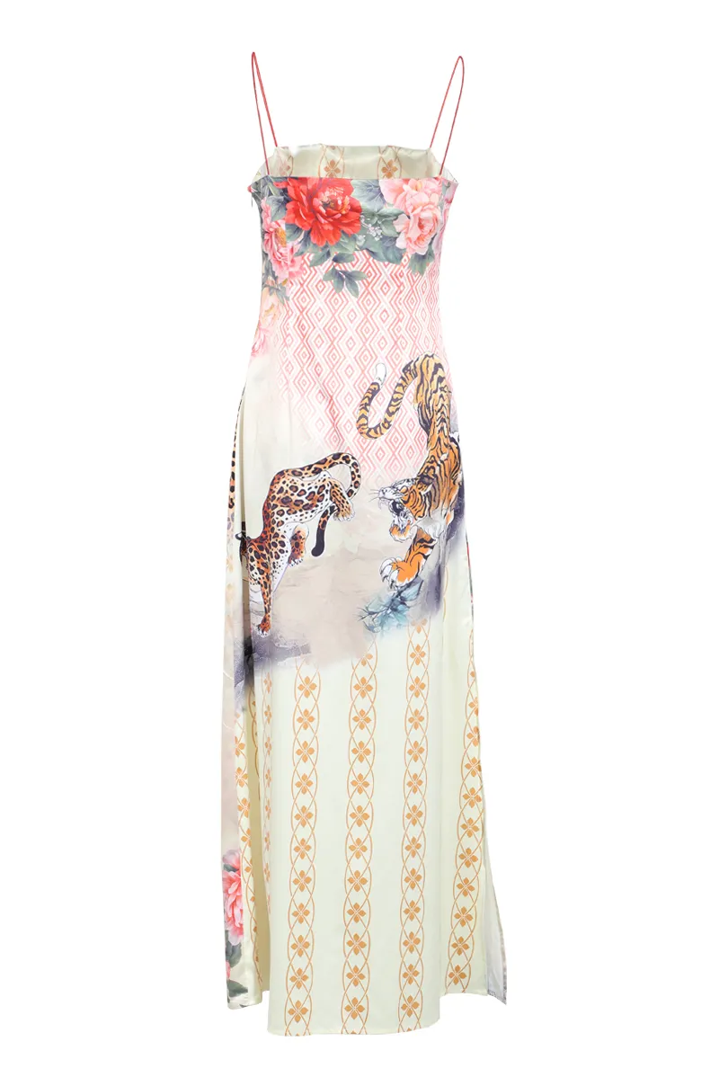 Animal Satin Maxi Dress - Multi Color
