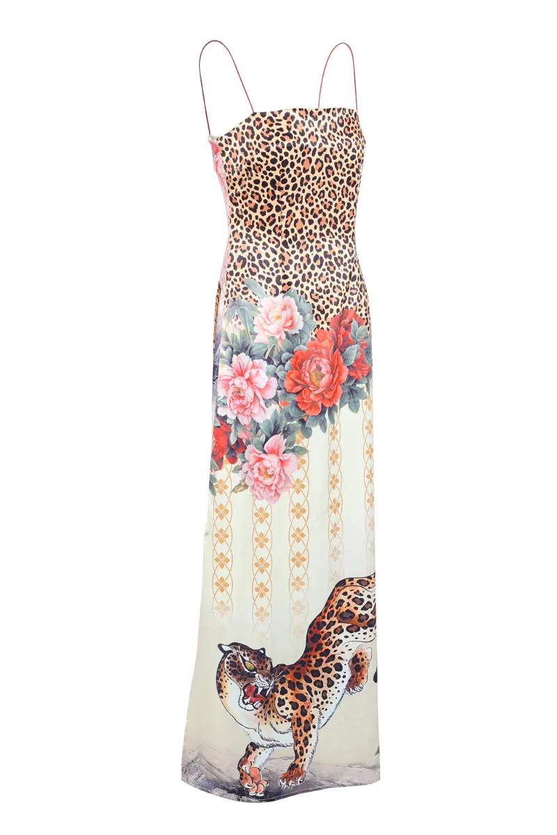 Animal Satin Maxi Dress - Multi Color