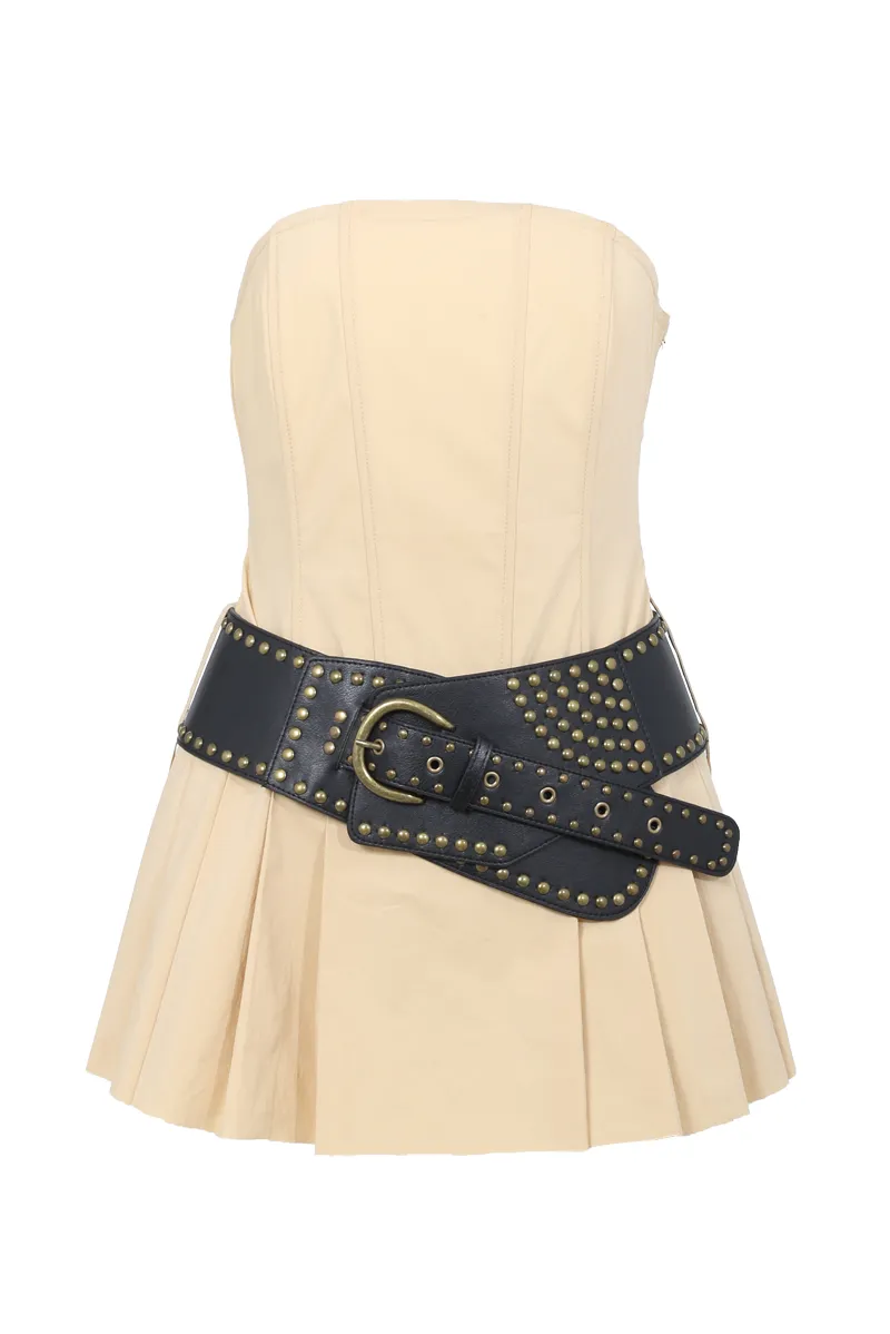 Tyla Pleated Mini Dress -  Tan