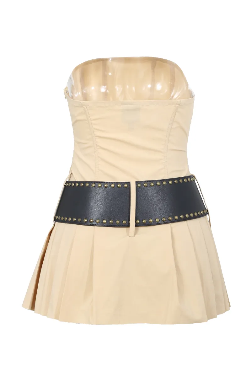 Tyla Pleated Mini Dress -  Tan