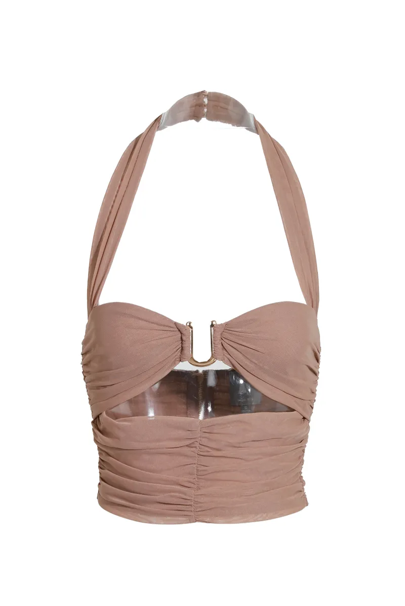 Vivid Dreams Ruched Mesh Halter Top - Mocha