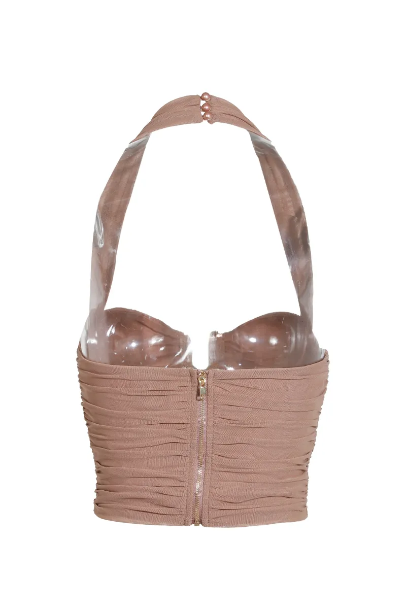 Vivid Dreams Ruched Mesh Halter Top - Mocha