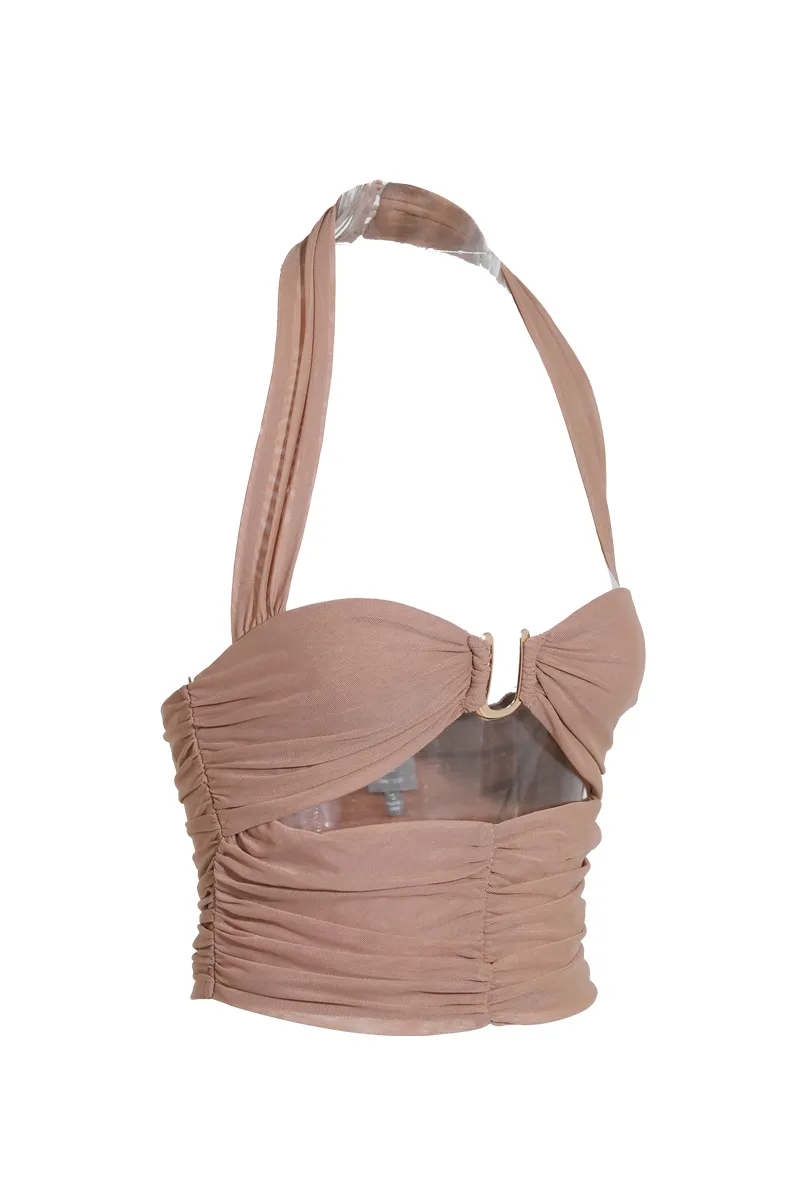 Vivid Dreams Ruched Mesh Halter Top - Mocha