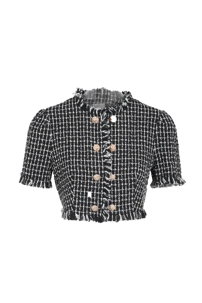 Maddie Double Breasted Tweed Top - Black