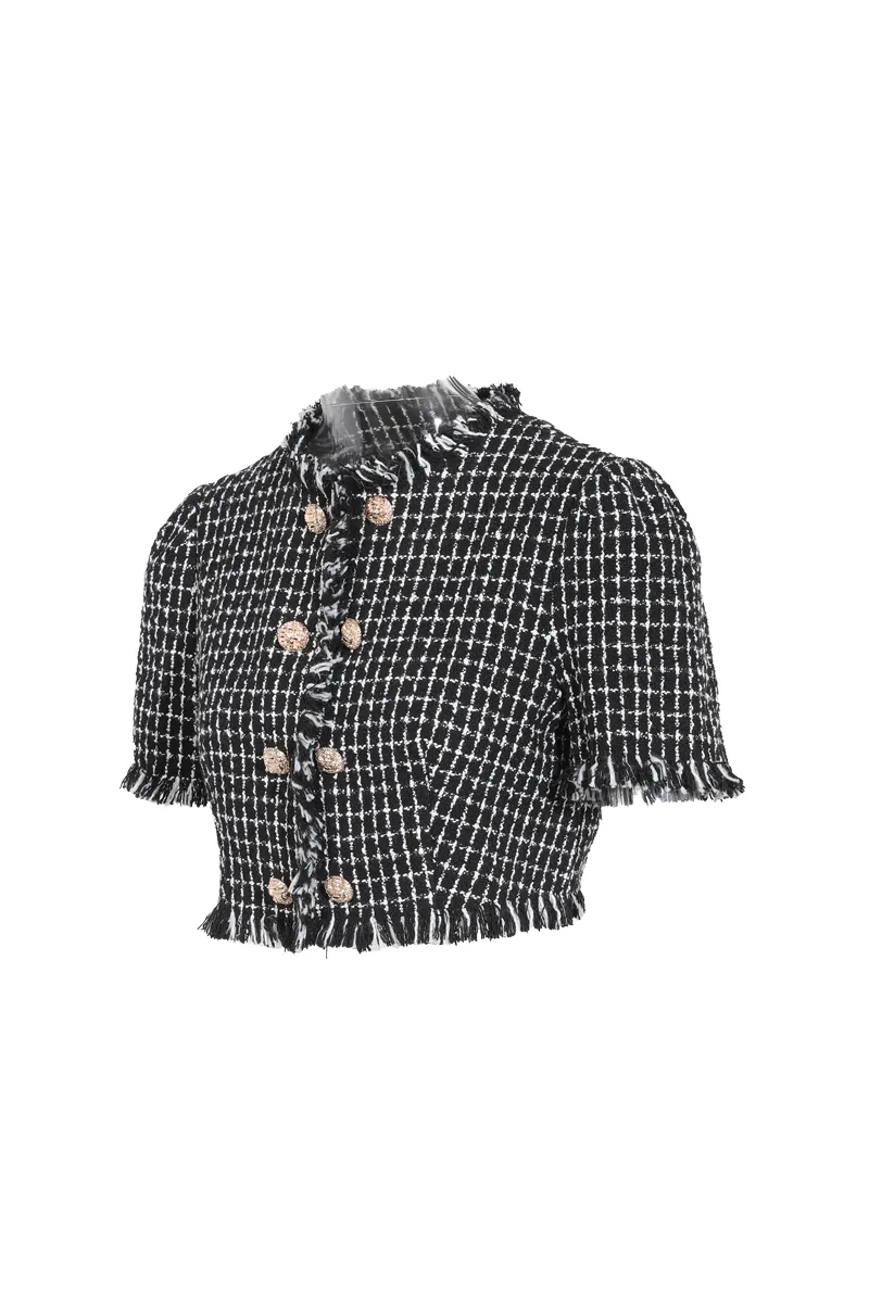 Maddie Double Breasted Tweed Top - Black