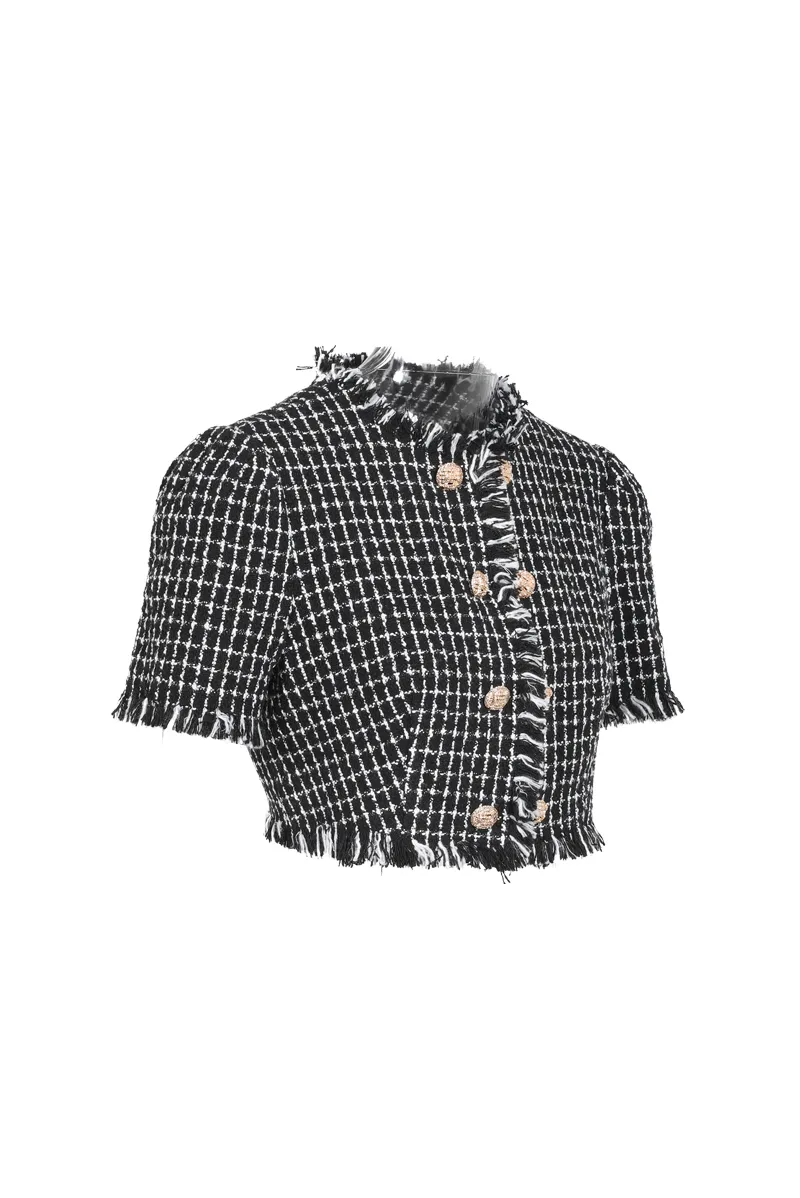 Maddie Double Breasted Tweed Top - Black