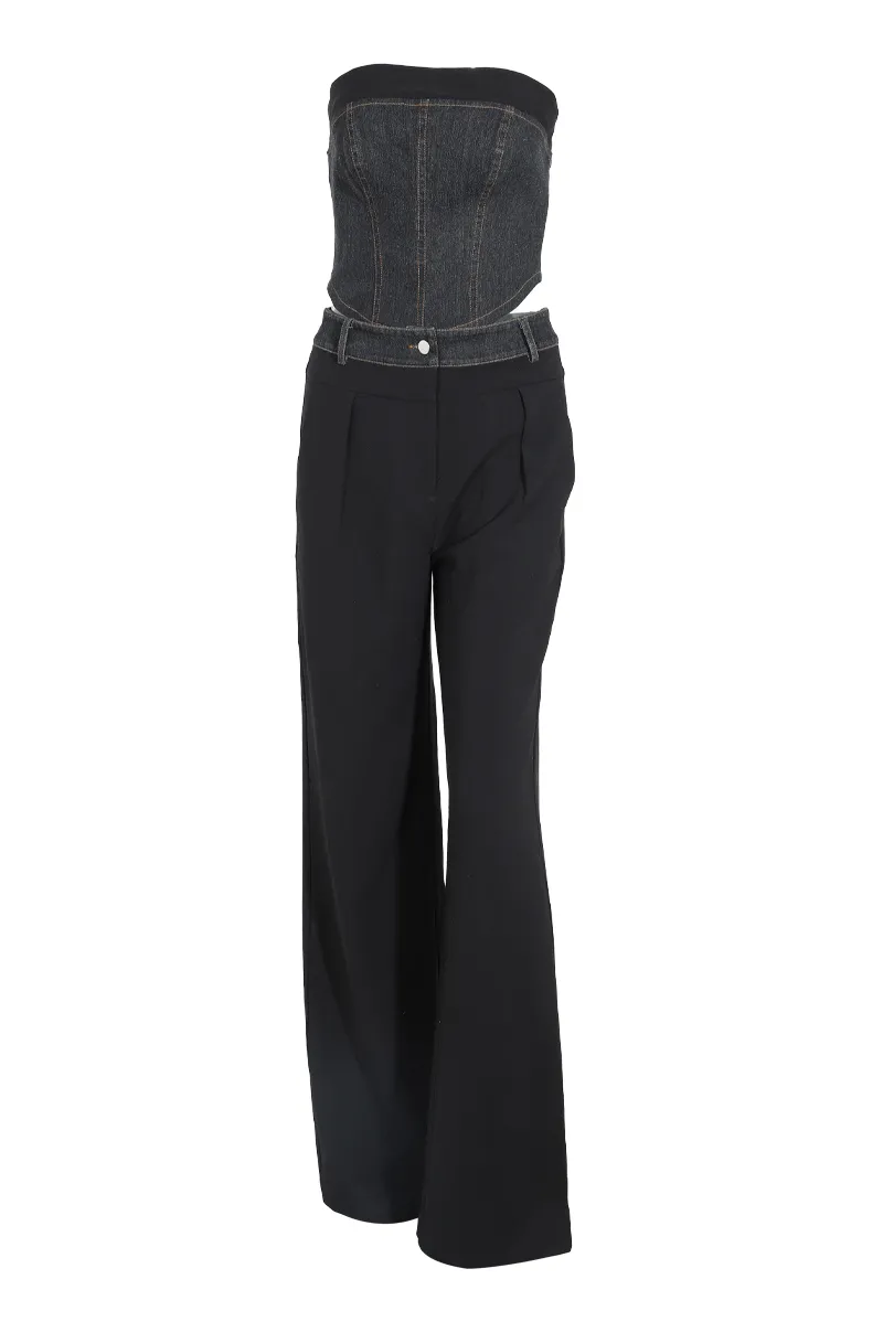 Demi Mixed Denim Pant  Set - Black