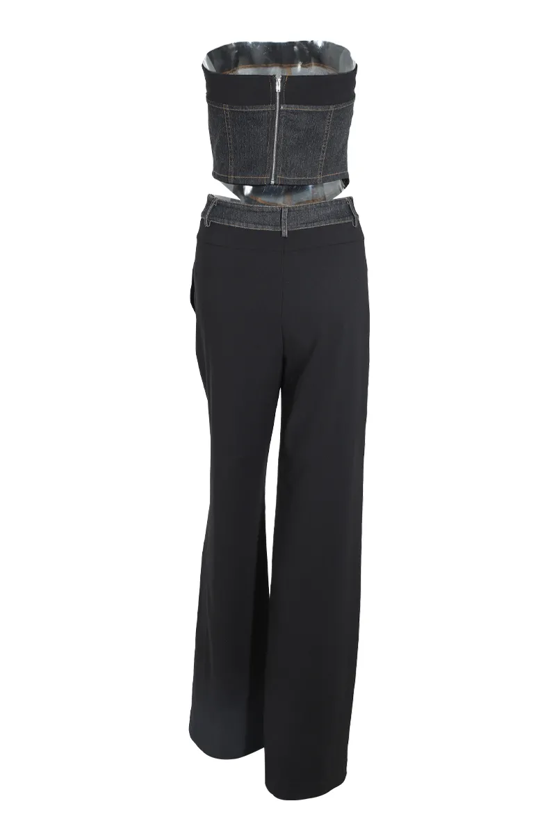 Demi Mixed Denim Pant  Set - Black