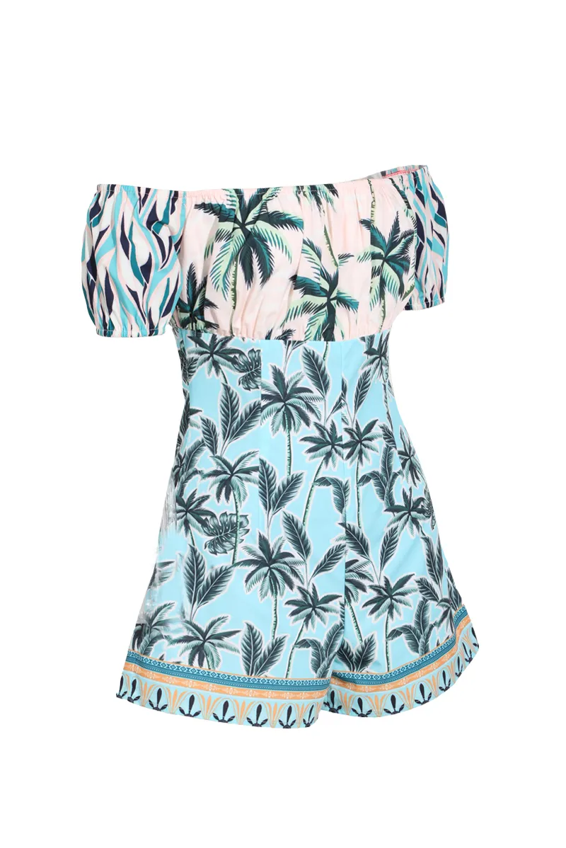 Palm Of My Hand Tropical  Romper - Blue/combo