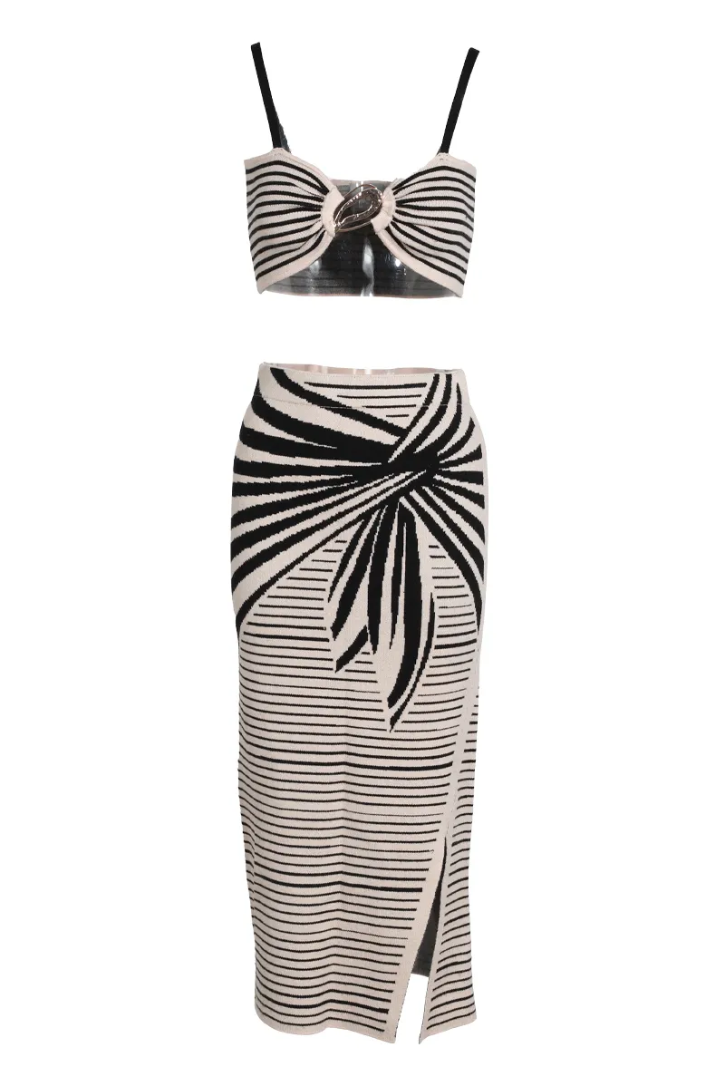 Knot Your Average Sweater Knit Midi Skirt Set - Taupe/combo