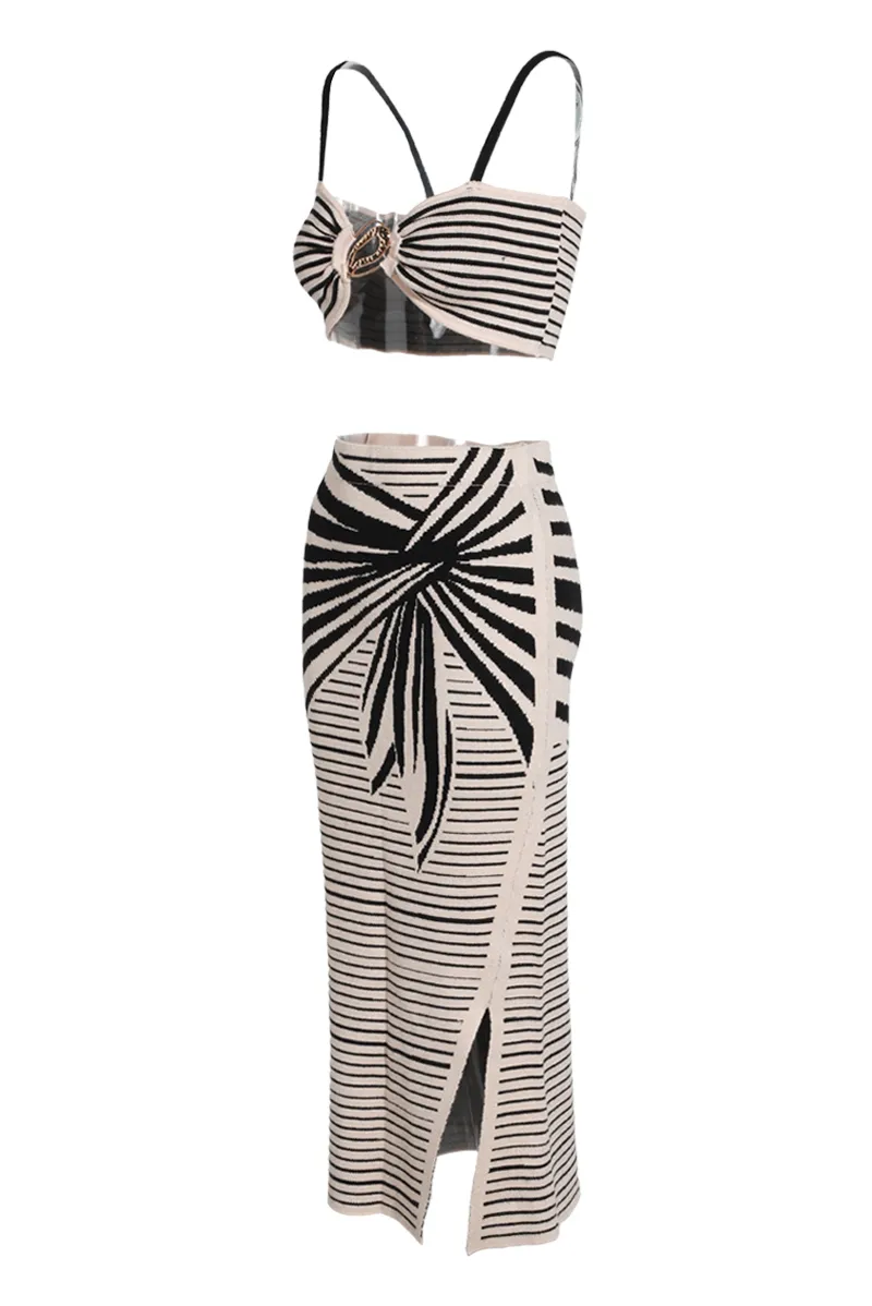 Knot Your Average Sweater Knit Midi Skirt Set - Taupe/combo