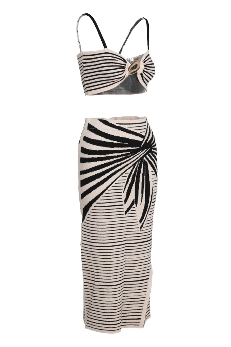 Knot Your Average Sweater Knit Midi Skirt Set - Taupe/combo